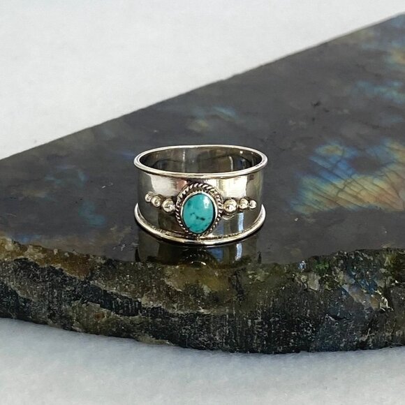 Sterling Silver 925 Oval Bezel Set Turquoise Cabochon Cigar Band Ring Sz 6.75 - Picture 13 of 16